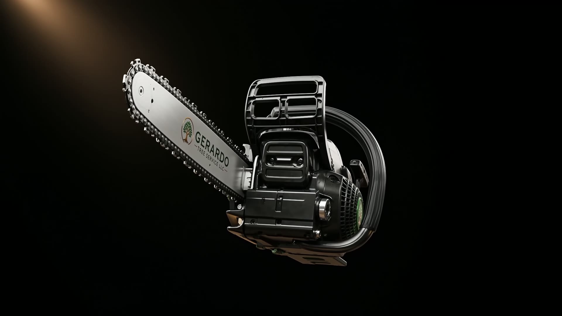 Close-up cinematic still of a professional arborist chainsaw guide bar and chain